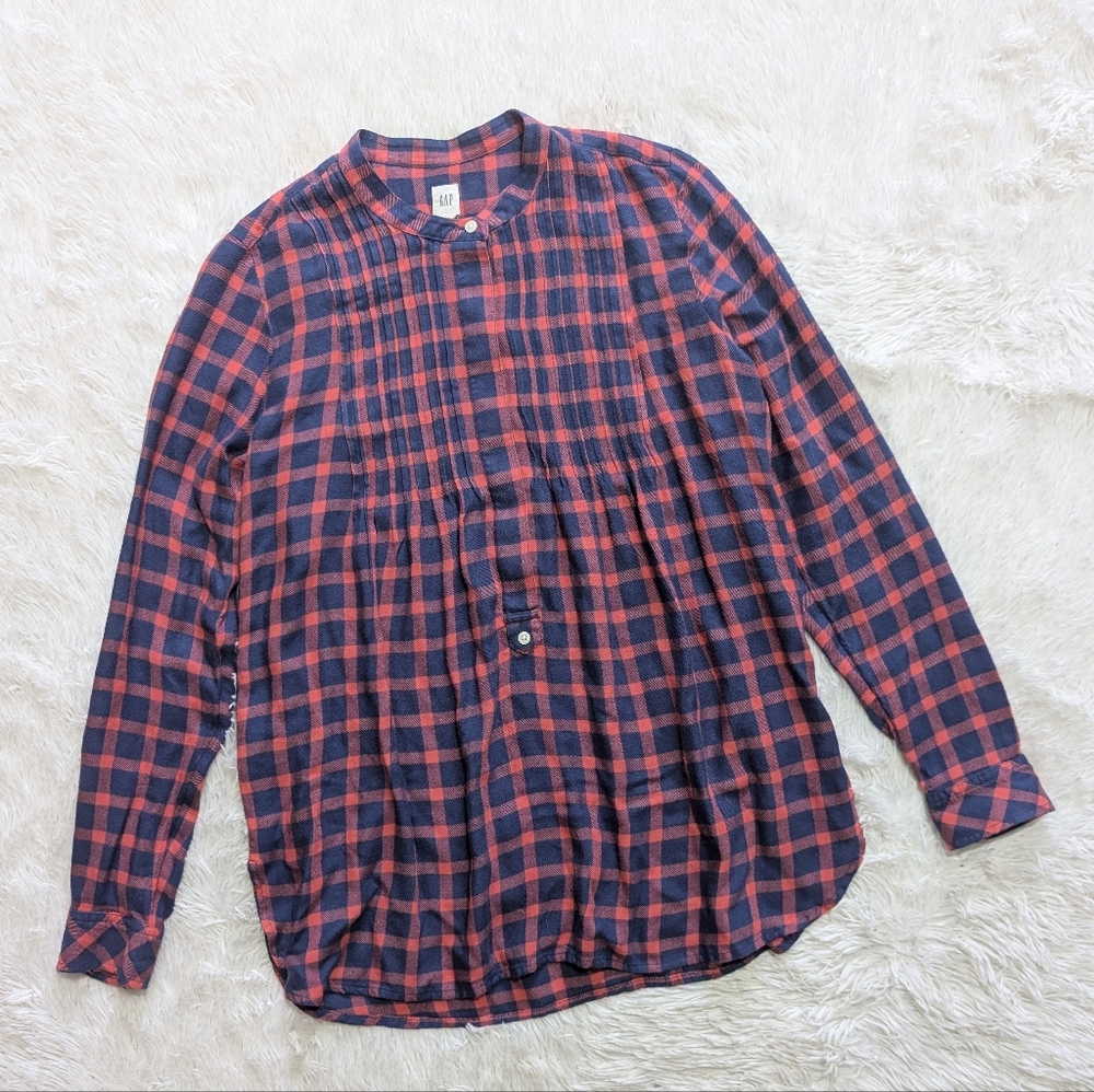 Gap Red & Blue Plaid Pintuck Popover Half Button Up Oversized Top Size XS - Picture 4 of 11